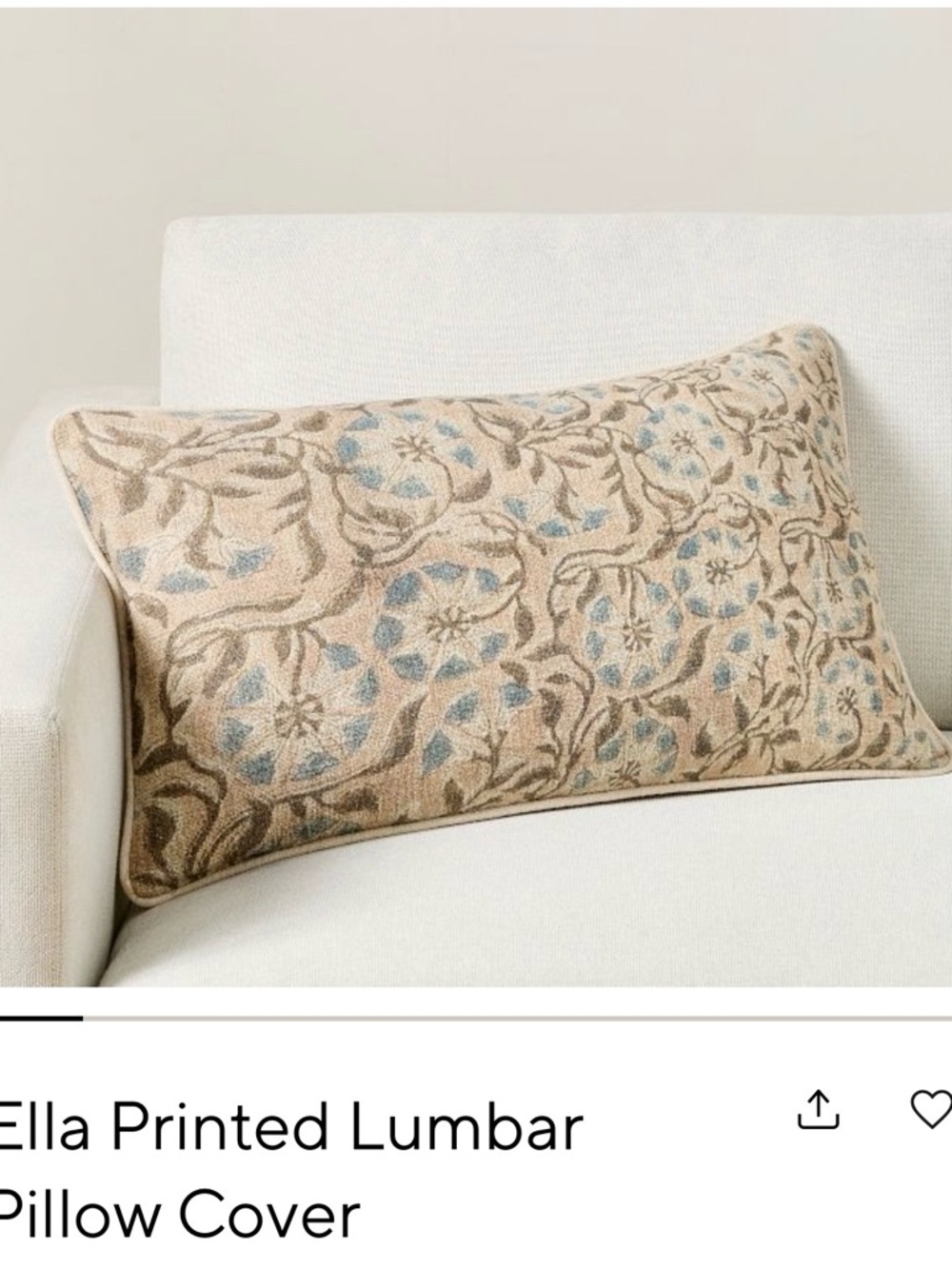 Pottery Barn Beige and Light Blue Floral Lumbar Pillow Cover